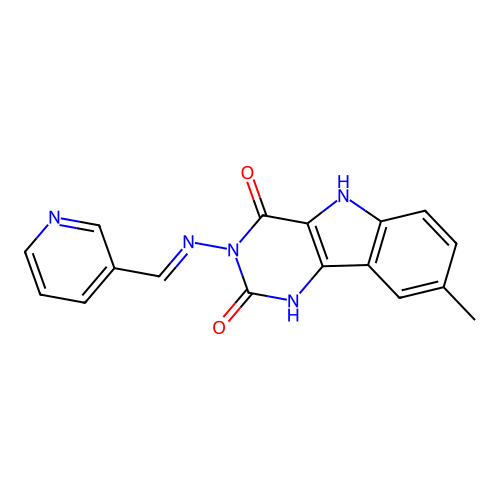(E)-8-methyl-3-((pyridin-3-ylmethylene)amino)-1H-pyrimido[5,4-b]indole-2,4(3H,5H)-dione structure