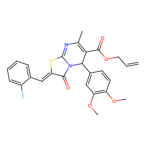 5-(3,4-Dimethoxyphenyl)-2-[(2-fluorophenyl)methylene]-2,3-dihydro-7-methyl-3-oxo-5H-thiazolo[3,2-a]pyrimidine-6-carboxylic structure