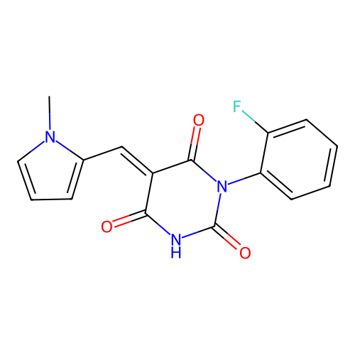 (5E)-1-(2-fluorophenyl)-5-[(1-methylpyrrol-2-yl)methylidene]-1,3-diazinane-2,4,6-trione structure