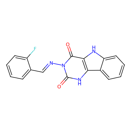 (E)-3-((2-fluorobenzylidene)amino)-1H-pyrimido[5,4-b]indole-2,4(3H,5H)-dione structure