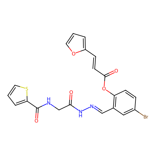 (E)-4-bromo-2-((E)-(2-(2-(thiophene-2-carboxamido)acetyl)hydrazono)methyl)phenyl 3-(furan-2-yl)acrylate structure
