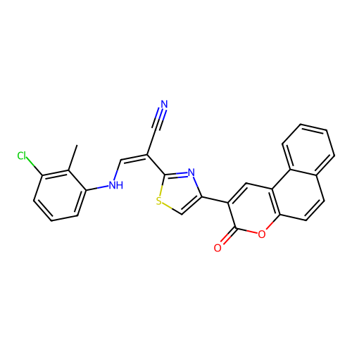 (2Z)-3-[(3-chloro-2-methylphenyl)amino]-2-[4-(3-oxo-3H-benzo[f]chromen-2-yl)-1,3-thiazol-2-yl]prop-2-enenitrile structure