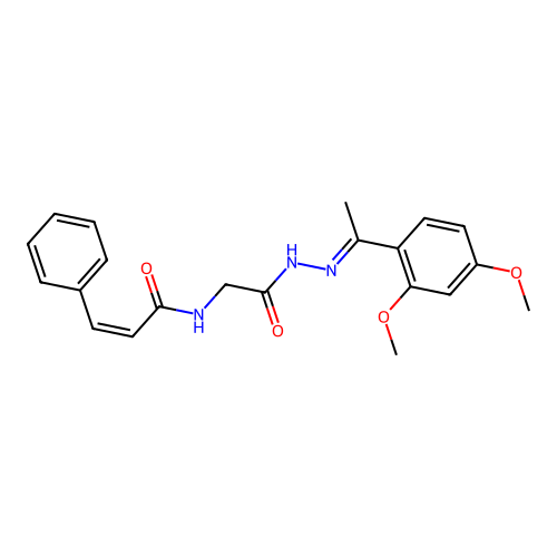 (2Z)-N-(2-{(2E)-2-[1-(2,4-dimethoxyphenyl)ethylidene]hydrazinyl}-2-oxoethyl)-3-phenylprop-2-enamide (non-preferred name) structure