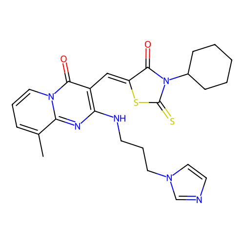 (Z)-5-((2-((3-(1H-imidazol-1-yl)propyl)amino)-9-methyl-4-oxo-4H-pyrido[1,2-a]pyrimidin-3-yl)methylene)-3-cyclohexyl-2-thioxothiazolidin-4-one structure
