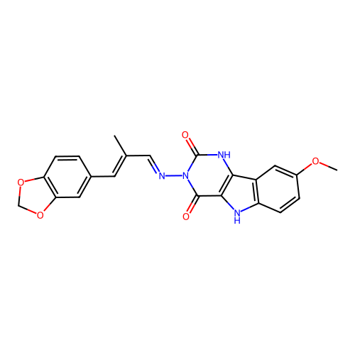 3-((3-(benzo[d][1,3]dioxol-5-yl)-2-methylallylidene)amino)-8-methoxy-1H-pyrimido[5,4-b]indole-2,4(3H,5H)-dione structure