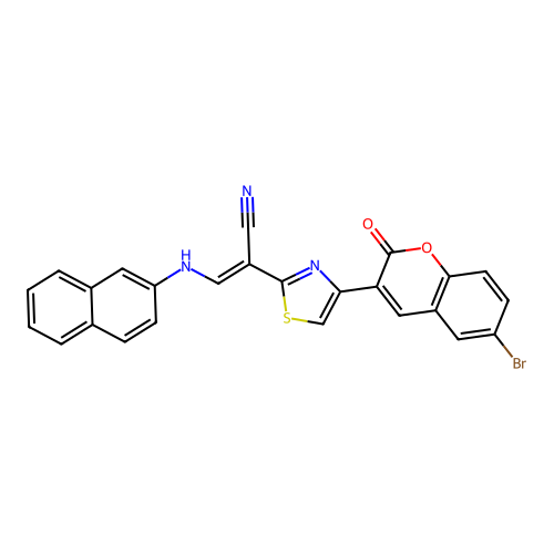 (2E)-2-[4-(6-bromo-2-oxo-2H-chromen-3-yl)-1,3-thiazol-2-yl]-3-(naphthalen-2-ylamino)prop-2-enenitrile structure