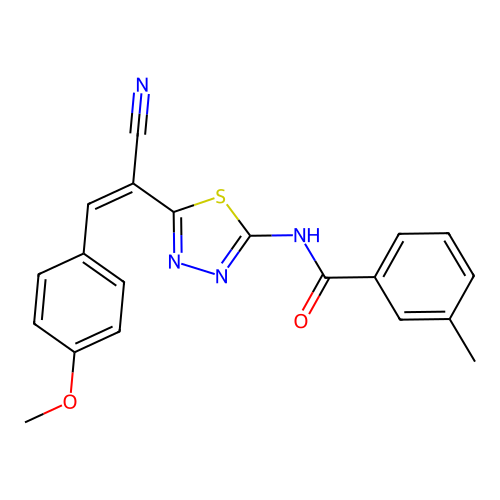 (Z)-N-(5-(1-cyano-2-(4-methoxyphenyl)vinyl)-1,3,4-thiadiazol-2-yl)-3-methylbenzamide structure