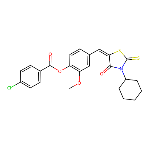 (E)-4-((3-cyclohexyl-4-oxo-2-thioxothiazolidin-5-ylidene)methyl)-2-methoxyphenyl 4-chlorobenzoate structure