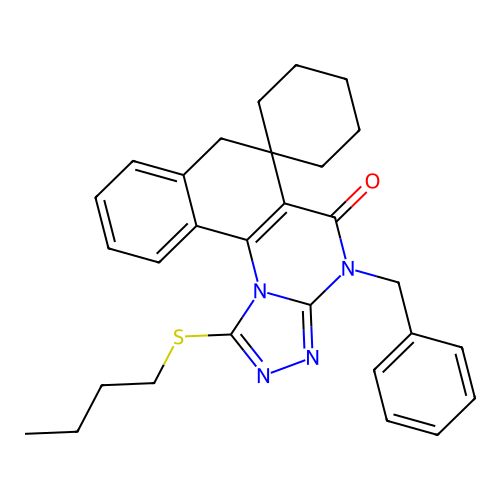 4-benzyl-1-(butylsulfanyl)-4H-spiro[benzo[h][1,2,4]triazolo[4,3-a]quinazoline-6,1'-cyclohexan]-5(7H)-one structure