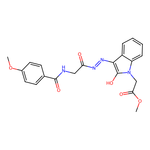 methyl 2-(3-(2-(2-(4-methoxybenzamido)acetyl)hydrazono)-2-oxoindolin-1-yl)acetate structure