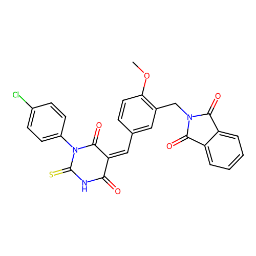 (Z)-2-(5-((1-(4-chlorophenyl)-4,6-dioxo-2-thioxotetrahydropyrimidin-5(2H)-ylidene)methyl)-2-methoxybenzyl)isoindoline-1,3-dione structure