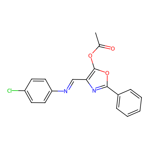 (E)-4-(((4-chlorophenyl)imino)methyl)-2-phenyloxazol-5-yl acetate structure