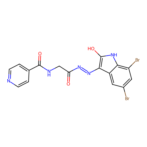 (Z)-N-(2-(2-(5,7-dibromo-2-oxoindolin-3-ylidene)hydrazinyl)-2-oxoethyl)isonicotinamide structure