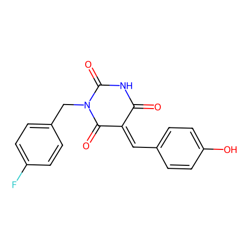 (5E)-1-(4-fluorobenzyl)-5-(4-hydroxybenzylidene)pyrimidine-2,4,6(1H,3H,5H)-trione structure