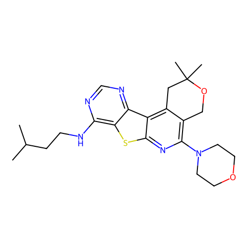 2,2-dimethyl-N-(3-methylbutyl)-5-(morpholin-4-yl)-1,4-dihydro-2H-pyrano[4'',3'':4',5']pyrido[3',2':4,5]thieno[3,2-d]pyrimidin-8-amine structure