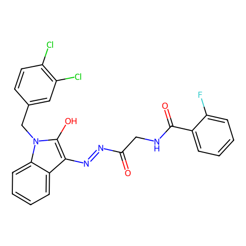 N-({N'-[(3E)-1-[(3,4-DICHLOROPHENYL)METHYL]-2-OXO-2,3-DIHYDRO-1H-INDOL-3-YLIDENE]HYDRAZINECARBONYL}METHYL)-2-FLUOROBENZAMIDE structure