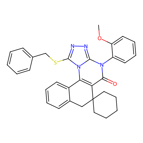 1-(benzylsulfanyl)-4-(2-methoxyphenyl)-4H-spiro[benzo[h][1,2,4]triazolo[4,3-a]quinazoline-6,1'-cyclohexan]-5(7H)-one structure