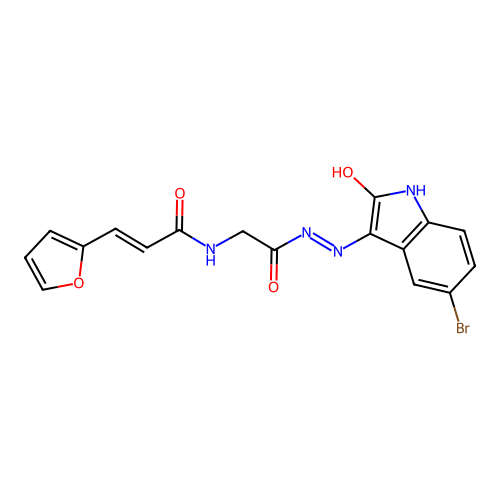 (2E)-N-{2-[(2Z)-2-(5-bromo-2-oxo-1,2-dihydro-3H-indol-3-ylidene)hydrazinyl]-2-oxoethyl}-3-(furan-2-yl)prop-2-enamide (non-preferred name) structure