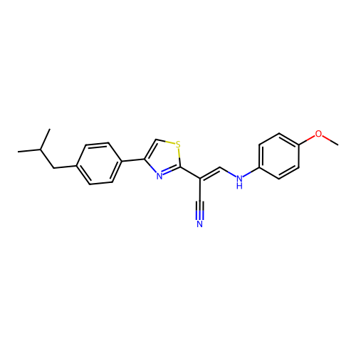 (E)-2-(4-(4-isobutylphenyl)thiazol-2-yl)-3-((4-methoxyphenyl)amino)acrylonitrile structure