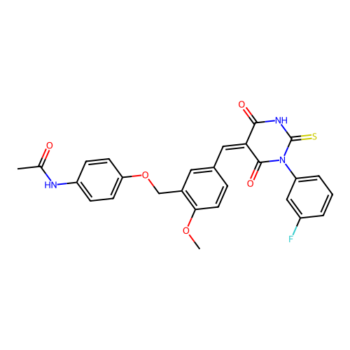 (Z)-N-(4-((5-((1-(3-fluorophenyl)-4,6-dioxo-2-thioxotetrahydropyrimidin-5(2H)-ylidene)methyl)-2-methoxybenzyl)oxy)phenyl)acetamide structure