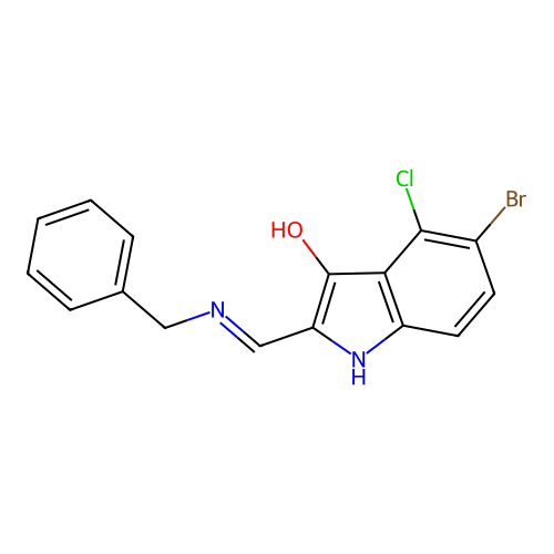 (2Z)-2-[(benzylamino)methylidene]-5-bromo-4-chloro-1,2-dihydro-3H-indol-3-one structure