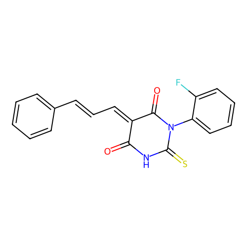(5E)-1-(2-fluorophenyl)-5-[(E)-3-phenylprop-2-enylidene]-2-sulfanylidene-1,3-diazinane-4,6-dione structure