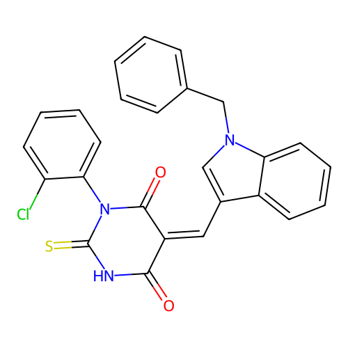 (5Z)-5-[(1-benzyl-1H-indol-3-yl)methylidene]-1-(2-chlorophenyl)-2-sulfanylpyrimidine-4,6(1H,5H)-dione structure