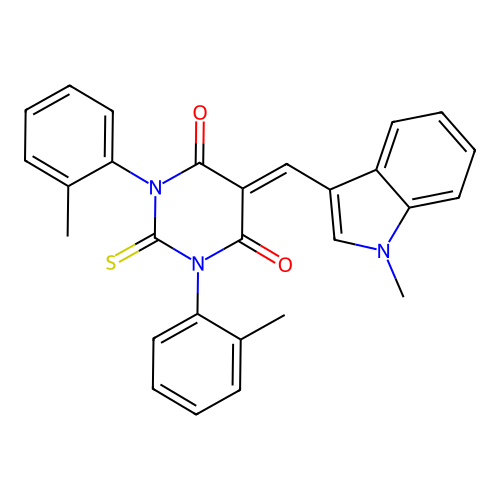 5-((1-methyl-1H-indol-3-yl)methylene)-2-thioxo-1,3-di-o-tolyldihydropyrimidine-4,6(1H,5H)-dione structure