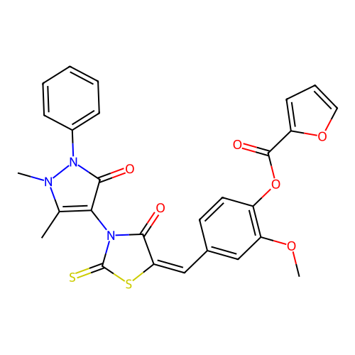 (E)-4-((3-(1,5-dimethyl-3-oxo-2-phenyl-2,3-dihydro-1H-pyrazol-4-yl)-4-oxo-2-thioxothiazolidin-5-ylidene)methyl)-2-methoxyphenyl furan-2-carboxylate structure