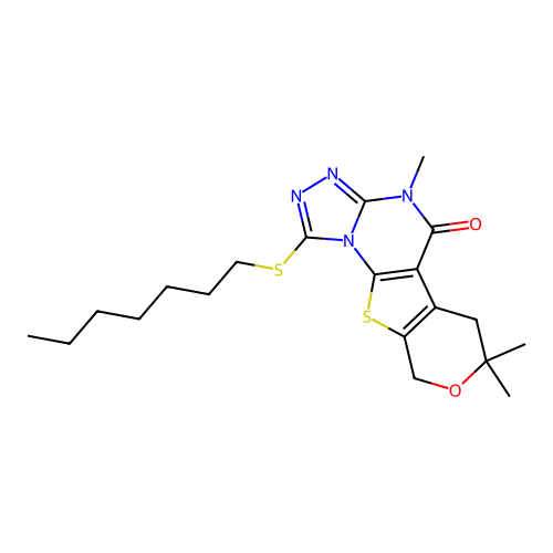 1-(heptylsulfanyl)-4,7,7-trimethyl-6,9-dihydro-7H-pyrano[4',3':4,5]thieno[3,2-e][1,2,4]triazolo[4,3-a]pyrimidin-5(4H)-one structure