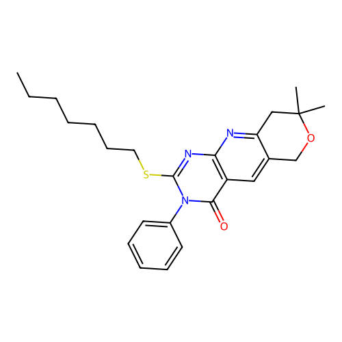 2-(heptylsulfanyl)-8,8-dimethyl-3-phenyl-3,6,8,9-tetrahydro-4H-pyrano[3',4':5,6]pyrido[2,3-d]pyrimidin-4-one structure