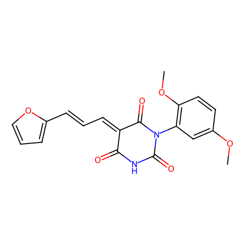 (5E)-1-(2,5-dimethoxyphenyl)-5-[(2E)-3-(furan-2-yl)prop-2-en-1-ylidene]pyrimidine-2,4,6(1H,3H,5H)-trione structure