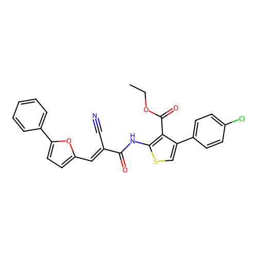 (E)-ethyl 4-(4-chlorophenyl)-2-(2-cyano-3-(5-phenylfuran-2-yl)acrylamido)thiophene-3-carboxylate structure