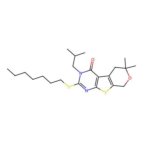 2-(heptylsulfanyl)-6,6-dimethyl-3-(2-methylpropyl)-3,5,6,8-tetrahydro-4H-pyrano[4',3':4,5]thieno[2,3-d]pyrimidin-4-one structure