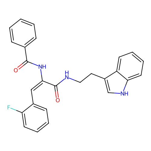 N-[(E)-1-(2-fluorophenyl)-3-[2-(1H-indol-3-yl)ethylamino]-3-oxoprop-1-en-2-yl]benzamide structure
