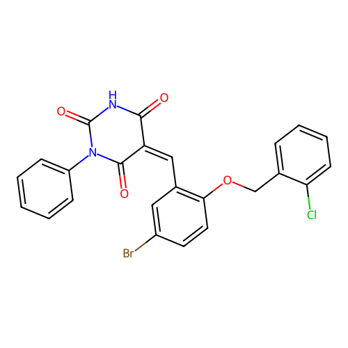 (5Z)-5-[[5-bromo-2-[(2-chlorophenyl)methoxy]phenyl]methylidene]-1-phenyl-1,3-diazinane-2,4,6-trione structure