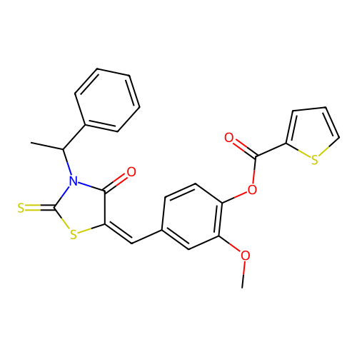 2-methoxy-4-{(E)-[4-oxo-3-(1-phenylethyl)-2-thioxo-1,3-thiazolidin-5-ylidene]methyl}phenyl thiophene-2-carboxylate structure