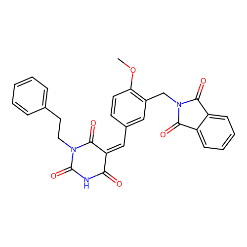 (5Z)-5-[[3-[(1,3-dioxoisoindol-2-yl)methyl]-4-methoxyphenyl]methylidene]-1-phenethyl-1,3-diazinane-2,4,6-trione structure