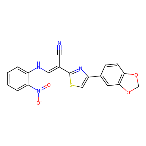 (E)-2-(4-(benzo[d][1,3]dioxol-5-yl)thiazol-2-yl)-3-((2-nitrophenyl)amino)acrylonitrile structure