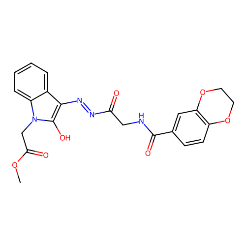 (E)-methyl 2-(3-(2-(2-(2,3-dihydrobenzo[b][1,4]dioxine-6-carboxamido)acetyl)hydrazono)-2-oxoindolin-1-yl)acetate structure