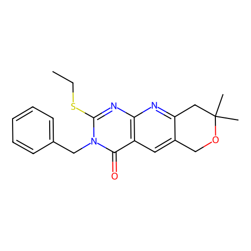 3-benzyl-2-(ethylsulfanyl)-8,8-dimethyl-3,6,8,9-tetrahydro-4H-pyrano[3',4':5,6]pyrido[2,3-d]pyrimidin-4-one structure