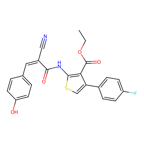 (Z)-ethyl 2-(2-cyano-3-(4-hydroxyphenyl)acrylamido)-4-(4-fluorophenyl)thiophene-3-carboxylate structure
