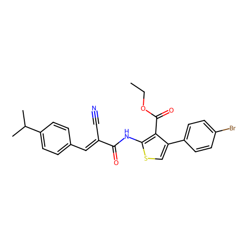 (E)-ethyl 4-(4-bromophenyl)-2-(2-cyano-3-(4-isopropylphenyl)acrylamido)thiophene-3-carboxylate structure