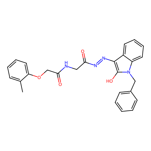 N-[(1-benzyl-2-oxo-indol-3-ylidene)amino]-2-[[2-(2-methylphenoxy)acetyl]amino]acetamide structure