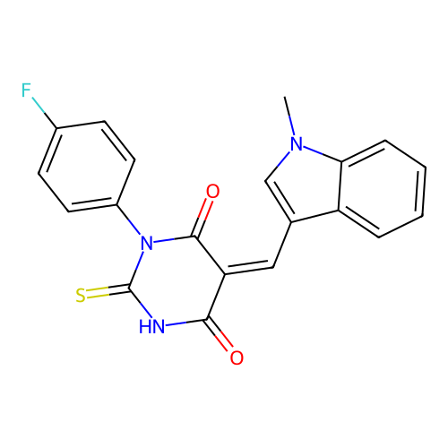 (Z)-1-(4-fluorophenyl)-5-((1-methyl-1H-indol-3-yl)methylene)-2-thioxodihydropyrimidine-4,6(1H,5H)-dione structure