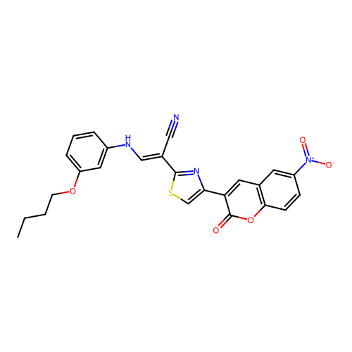 (2E)-3-[(3-butoxyphenyl)amino]-2-[4-(6-nitro-2-oxo-2H-chromen-3-yl)-1,3-thiazol-2-yl]prop-2-enenitrile structure