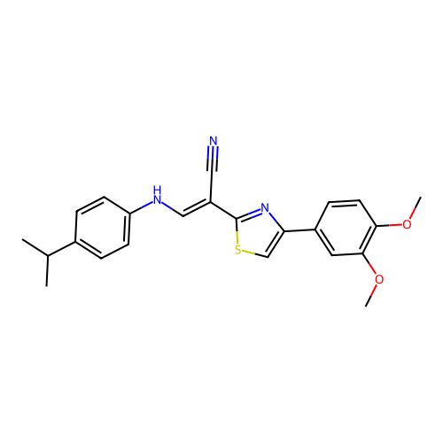(E)-2-(4-(3,4-dimethoxyphenyl)thiazol-2-yl)-3-((4-isopropylphenyl)amino)acrylonitrile structure
