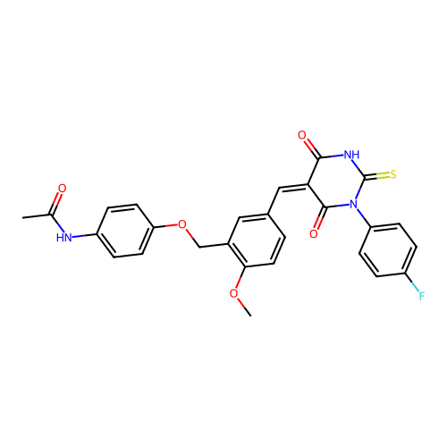 (Z)-N-(4-((5-((1-(4-fluorophenyl)-4,6-dioxo-2-thioxotetrahydropyrimidin-5(2H)-ylidene)methyl)-2-methoxybenzyl)oxy)phenyl)acetamide structure