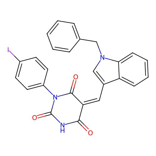 (5Z)-5-[(1-benzylindol-3-yl)methylidene]-1-(4-iodophenyl)-1,3-diazinane-2,4,6-trione structure