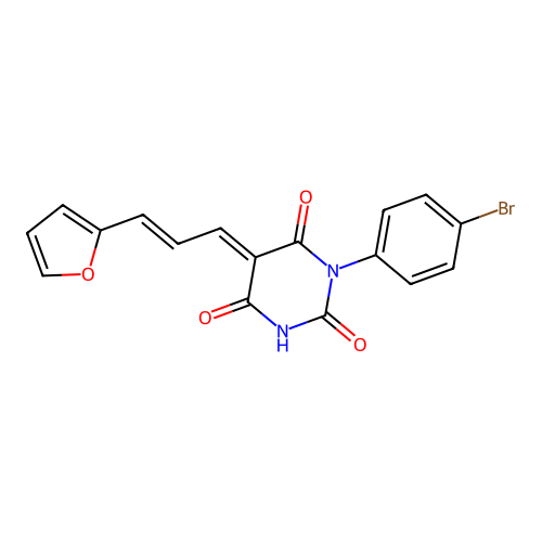 (5E)-1-(4-bromophenyl)-5-[(2E)-3-(furan-2-yl)prop-2-en-1-ylidene]pyrimidine-2,4,6(1H,3H,5H)-trione structure